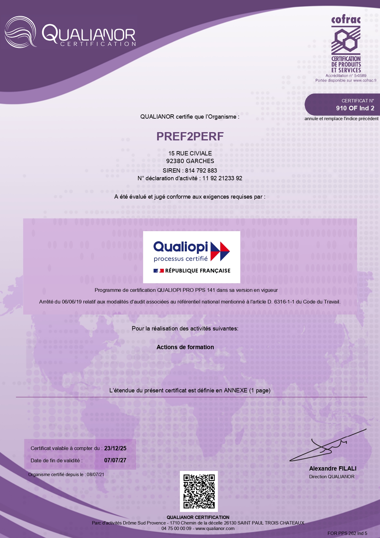 Certificat Qualiopi Pref2Perf — page 1